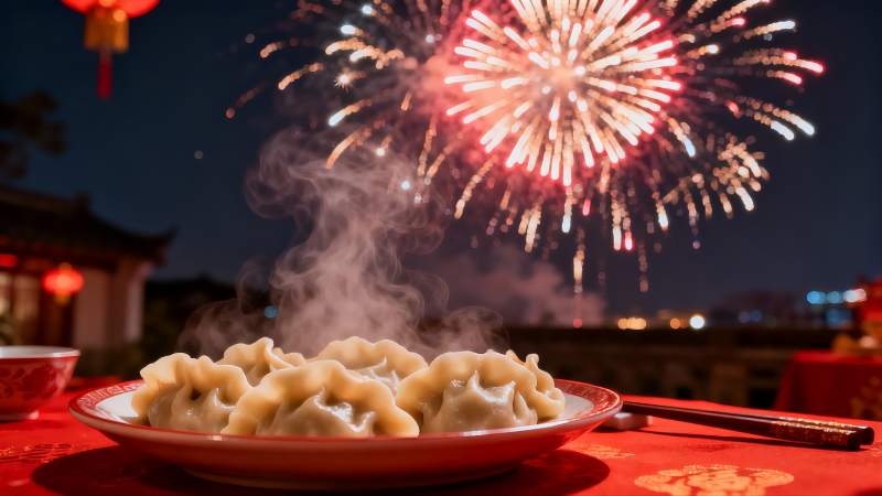 夜景烟花下的热腾饺子图片