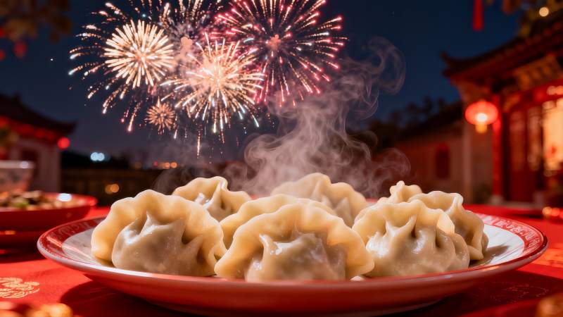 夜放烟花饺子热气腾腾图片
