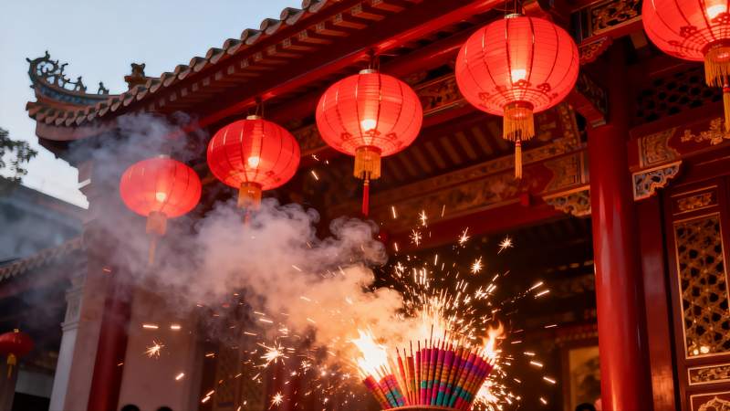 古建筑前红灯笼与烟花图片