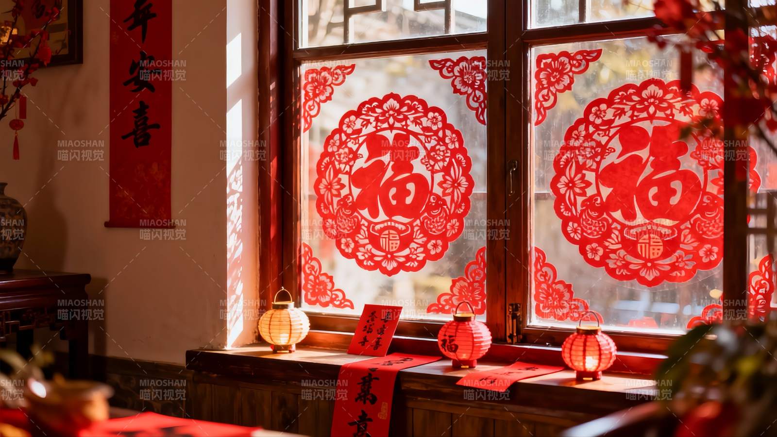 春节窗贴福字灯笼喜庆装饰图片
