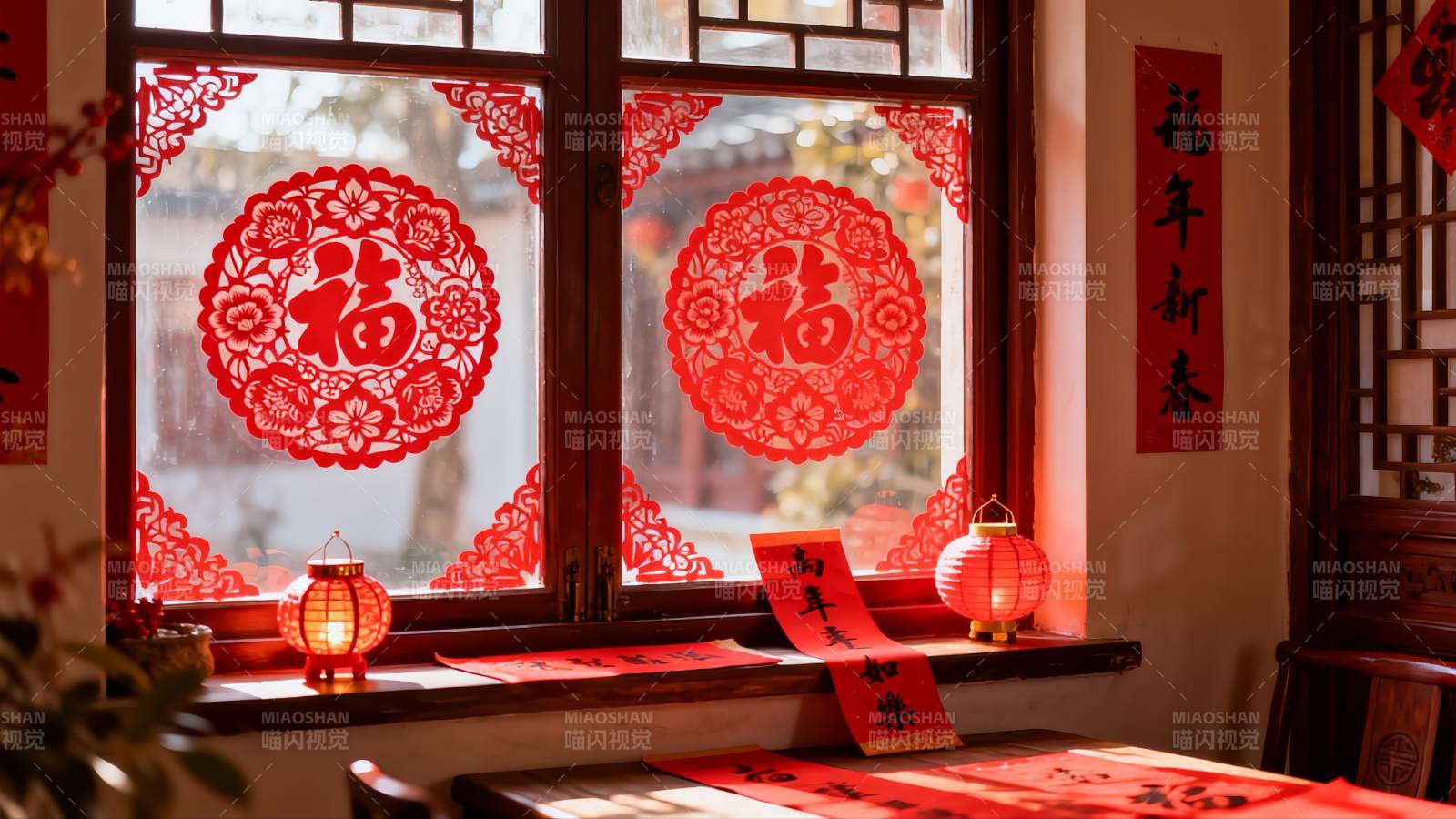 春节窗贴福字灯笼喜庆装饰图片