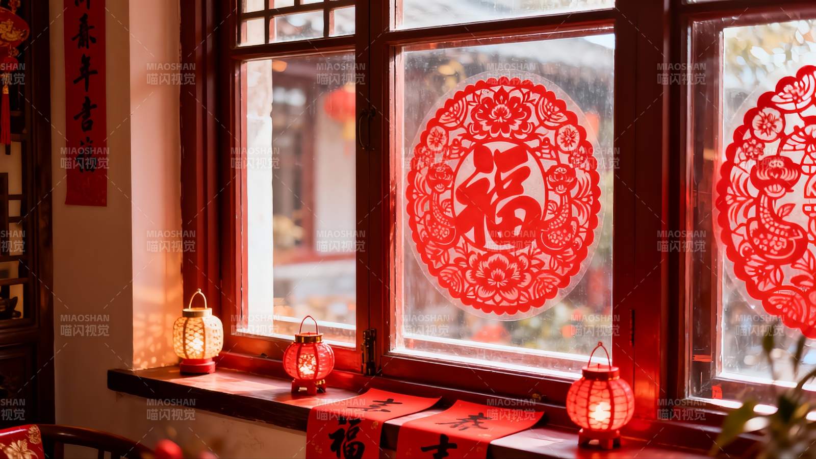 春节窗贴福字灯笼喜庆图片