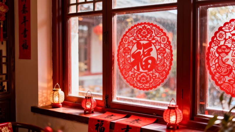 春节窗贴福字灯笼喜庆图片