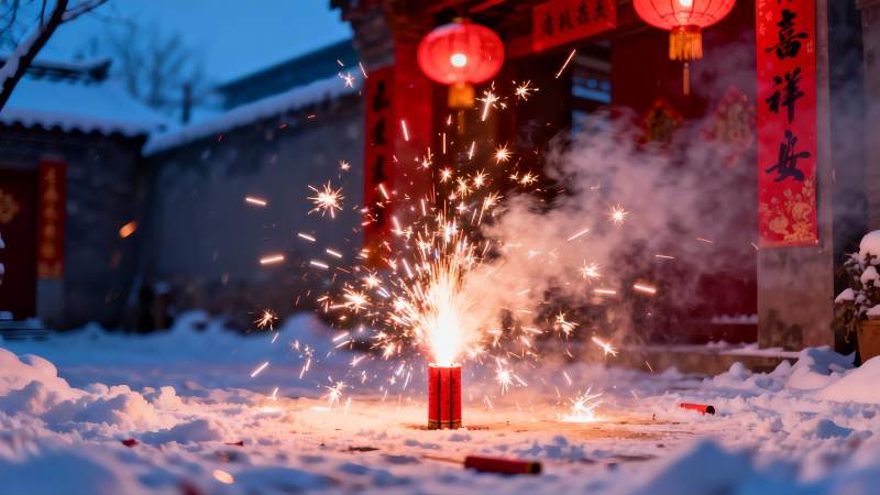 雪地烟花绽放传统节日氛围图片