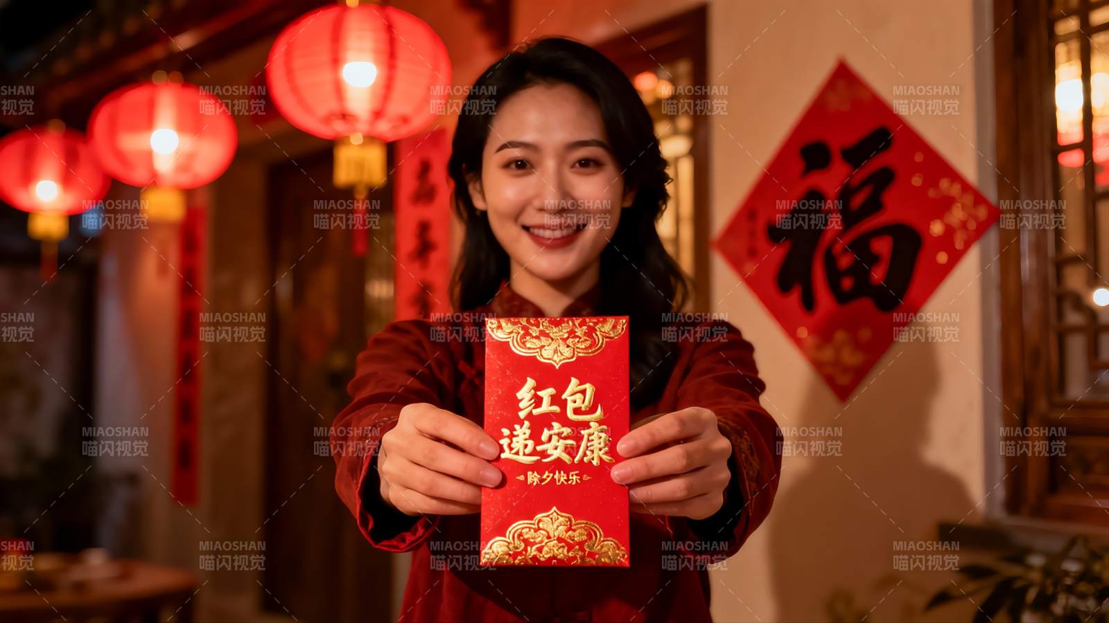 女子手持红包庆祝节日图片