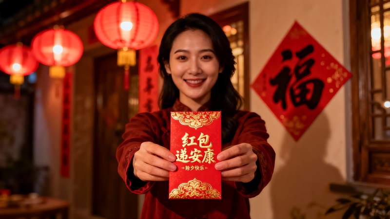 女子手持红包庆祝节日图片