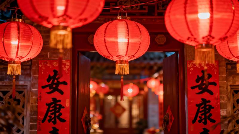 红灯笼映衬古建筑门扉图片