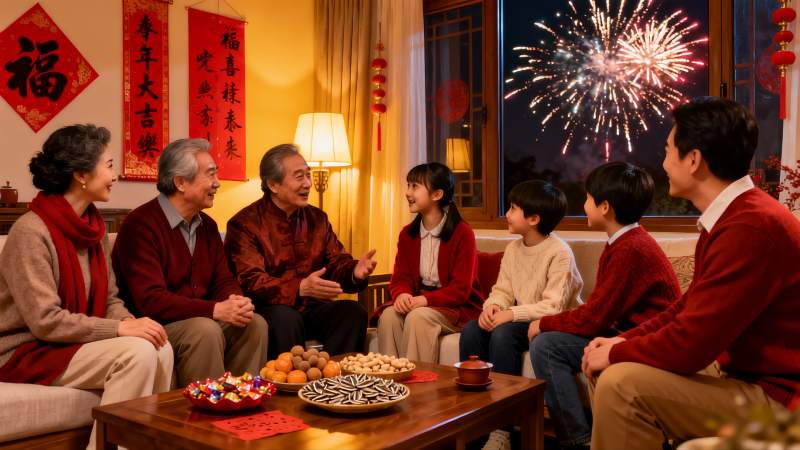 家庭团聚赏烟花其乐融融图片