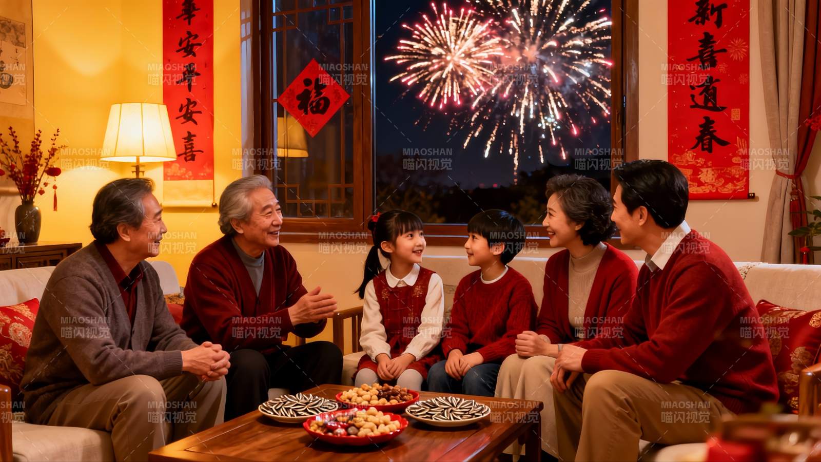 春节家庭团聚赏烟花图片