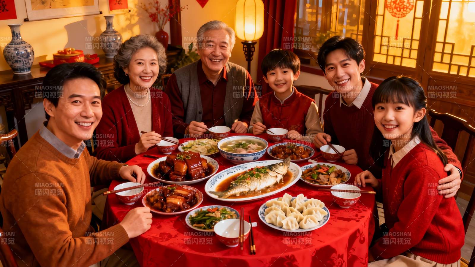 全家围坐餐桌共享丰盛团圆饭图片