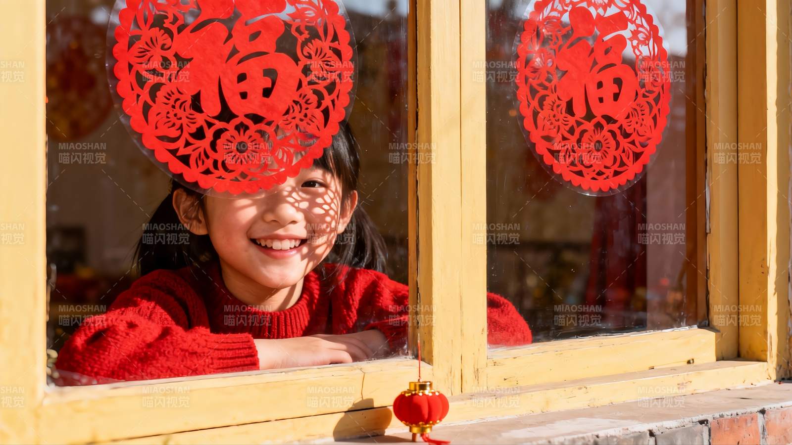 窗边女孩笑迎新春福字挂饰图片