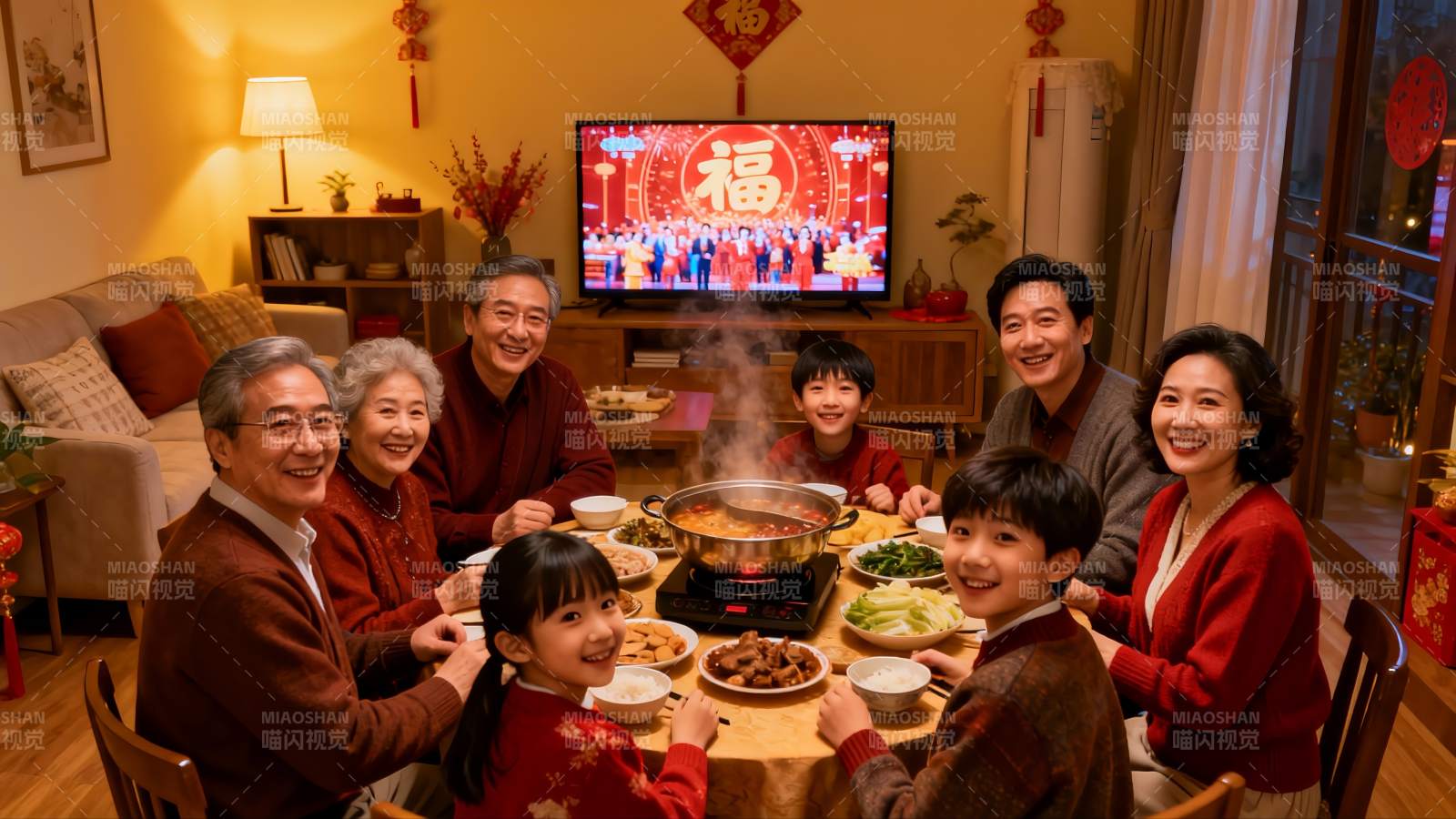 全家围坐餐桌享团圆饭图片