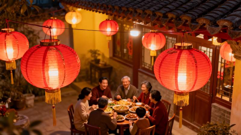 月下庭院团圆饭红灯笼高挂图片