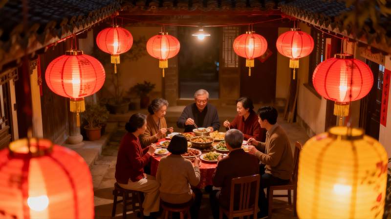 月下庭院团圆饭图片