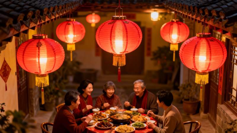 红灯笼下家人聚餐其乐融融图片