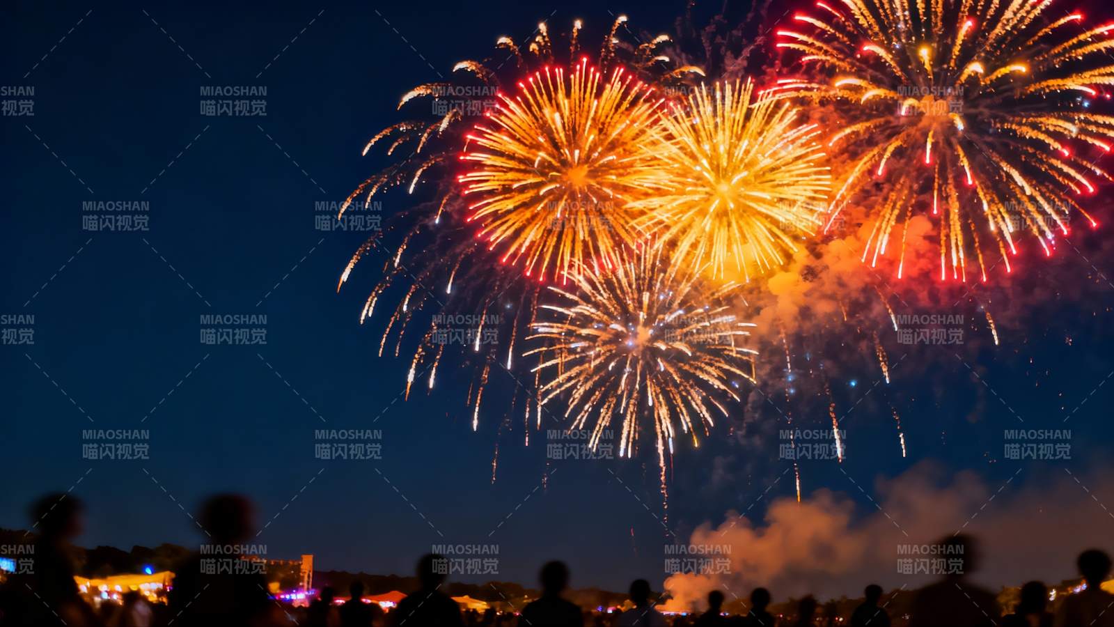 夜空烟花绽放人群观赏图片