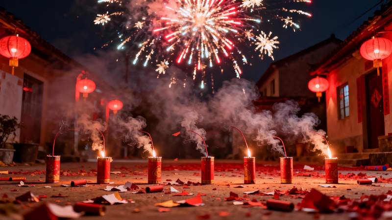 夜空烟花绽放庭院红灯笼高挂图片