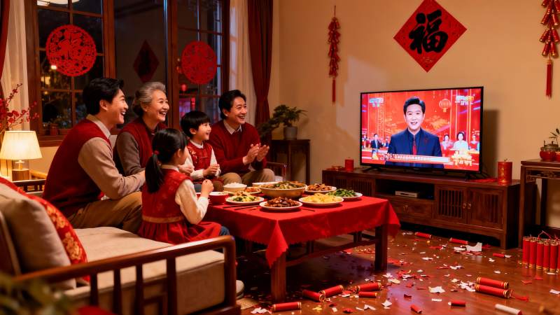 春节家庭团聚看电视吃年夜饭图片