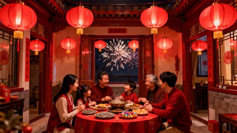 春节家庭聚餐欢庆烟花绽放图片