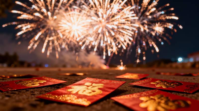 夜空烟花与红色红包图片