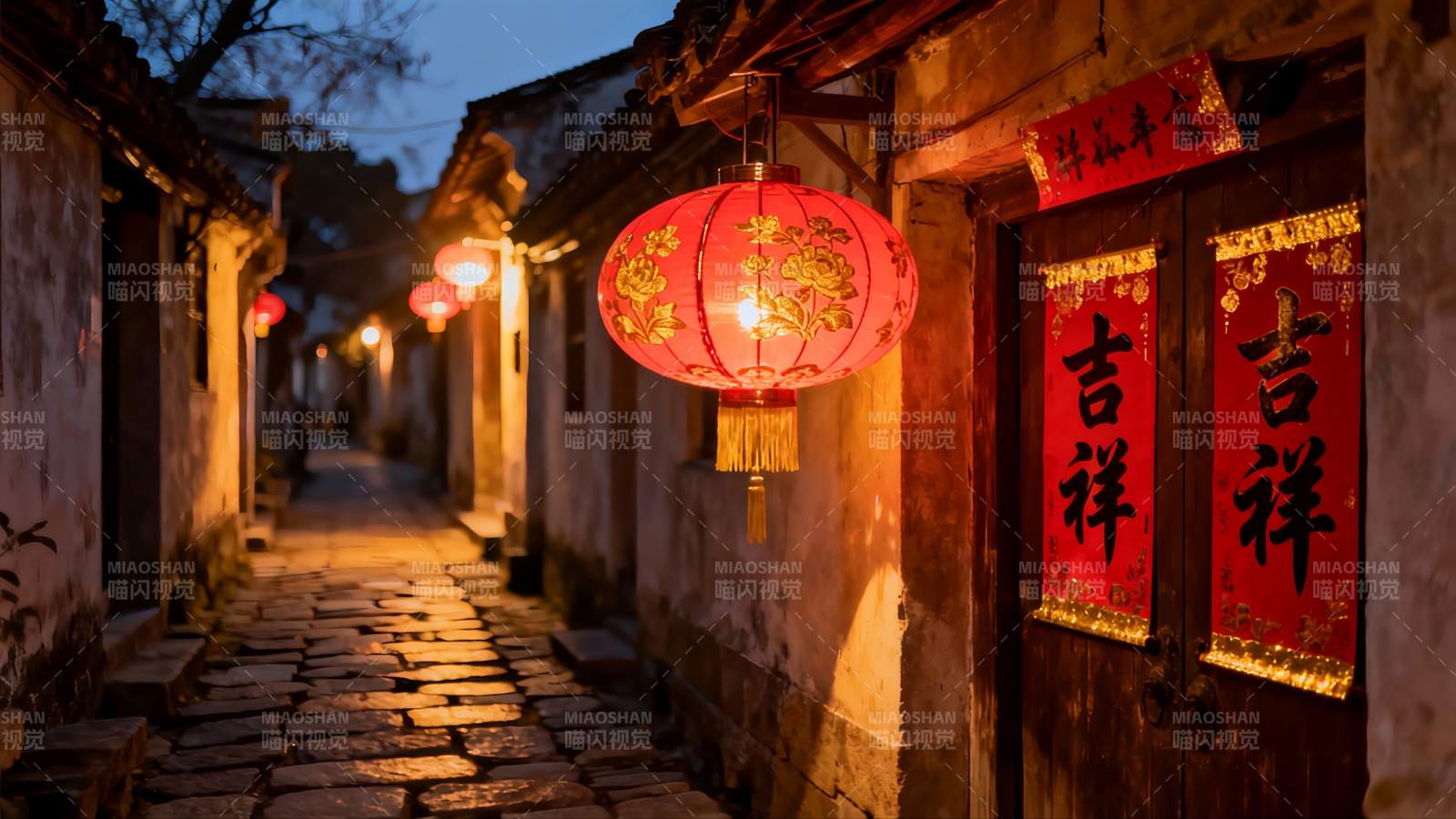 夜色古巷红灯笼高挂图片