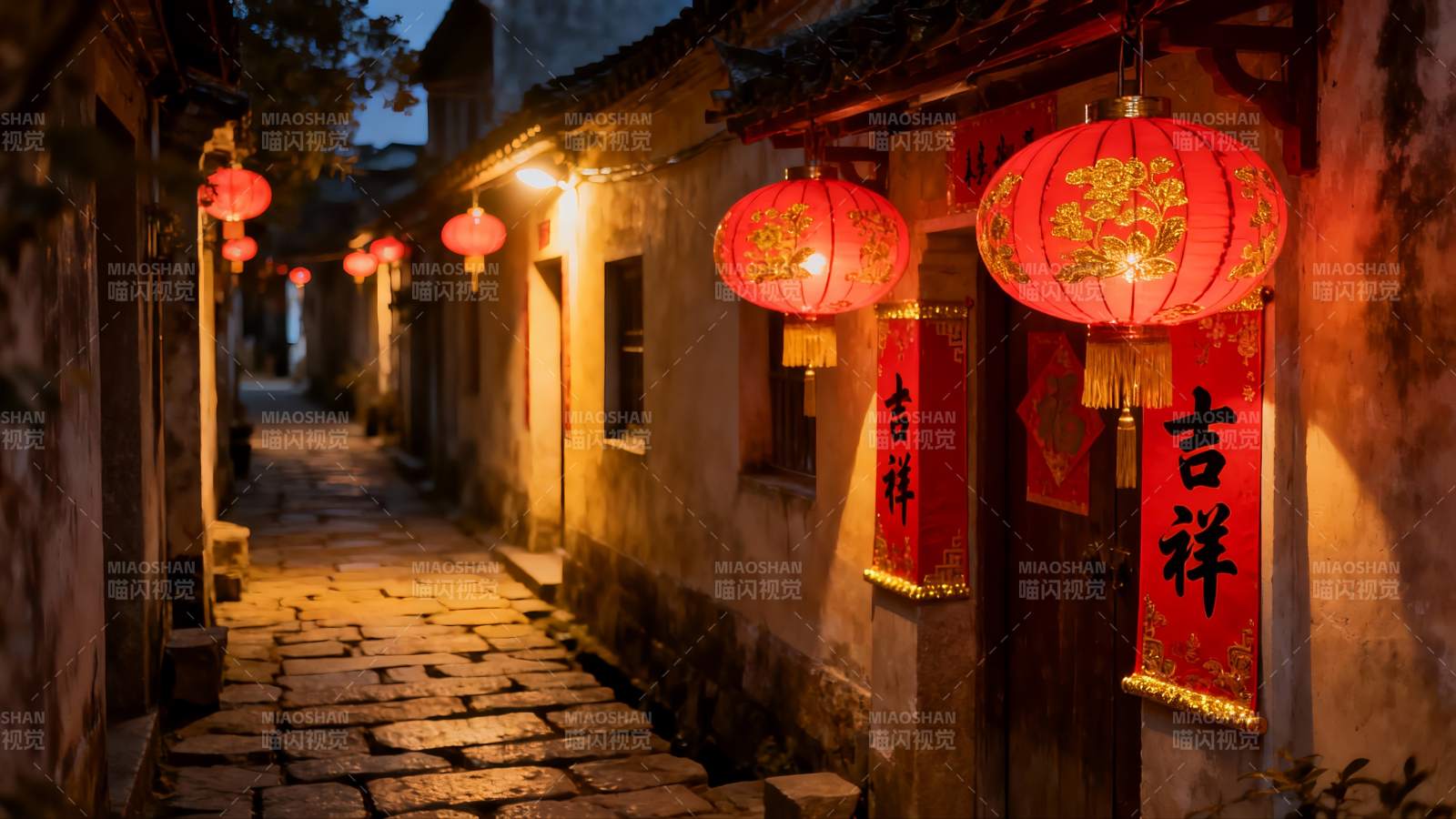 古巷夜景红灯笼高挂图片