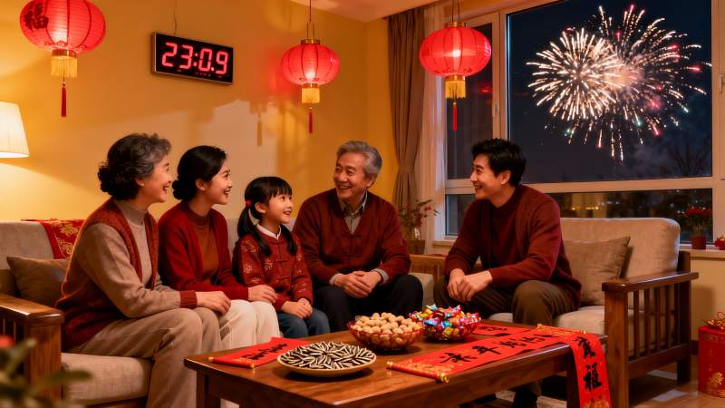 除夕夜家人团聚看烟花图片