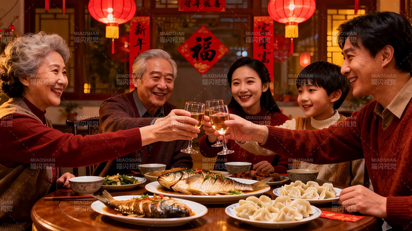 春节家庭聚餐举杯欢庆图片