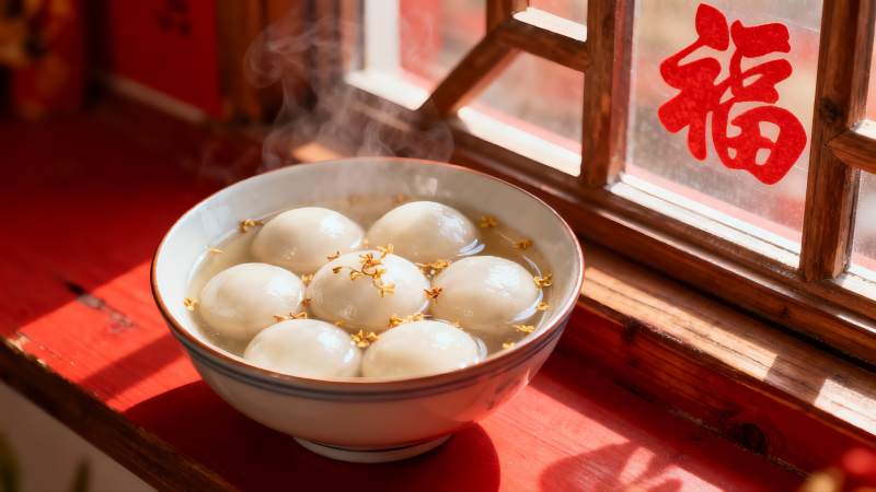 热气腾腾的汤圆碗图片