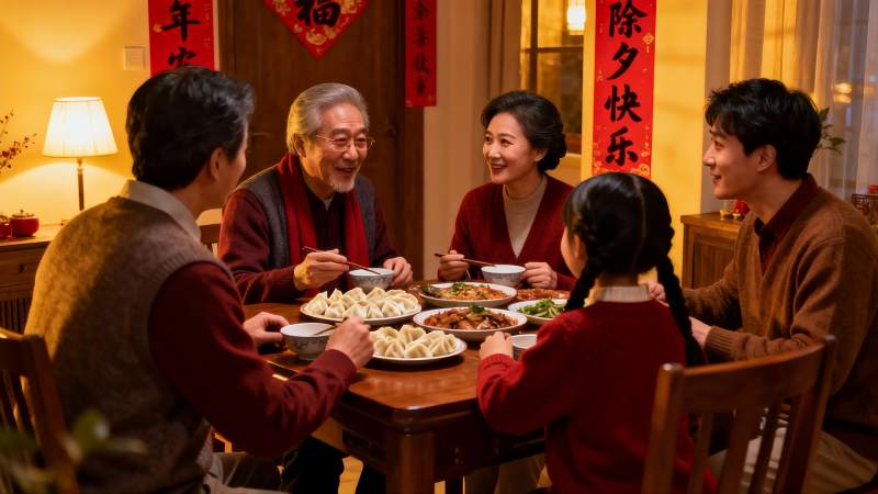 家庭除夕夜团圆饭温馨场景图片