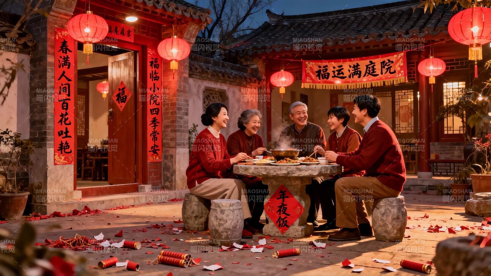 除夕夜庭院团圆饭图片