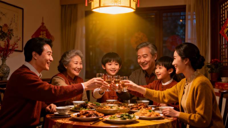 温馨家庭聚餐举杯欢庆图片