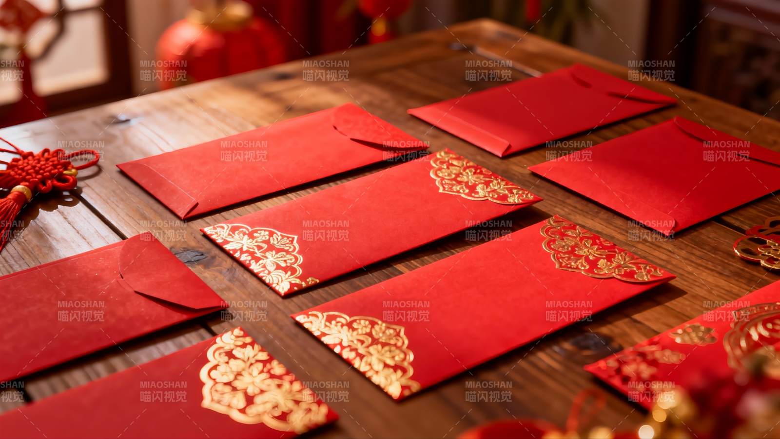 红色红包与中式装饰摆件图片