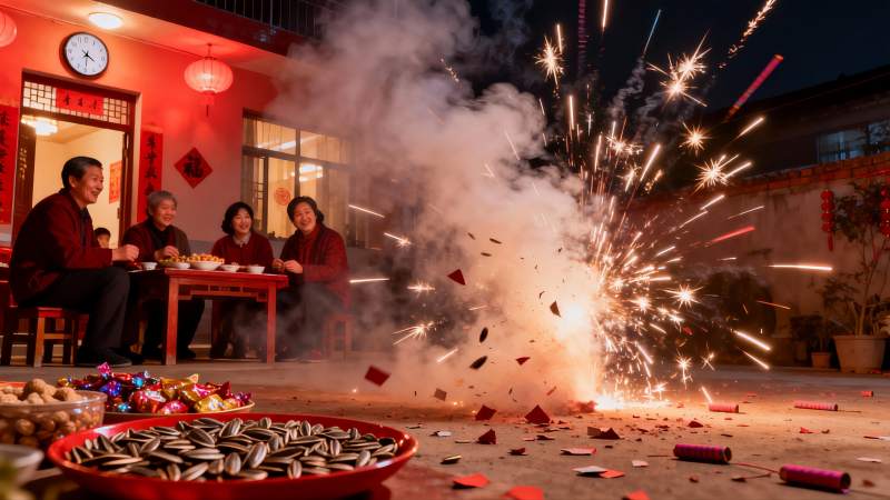 除夕夜庭院燃放烟花家人团聚图片
