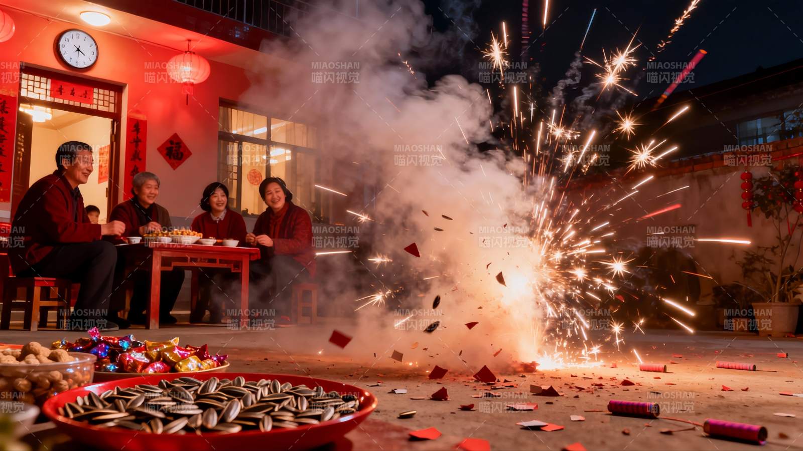 除夕夜庭院燃放烟花家人团聚图片