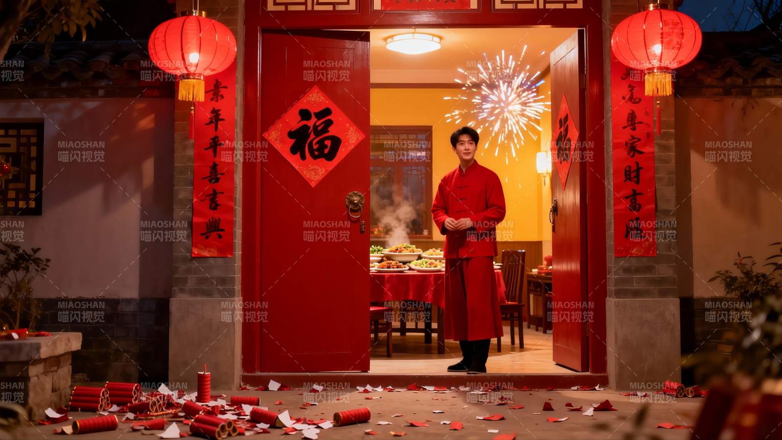 除夕夜庭院烟花庆典图片