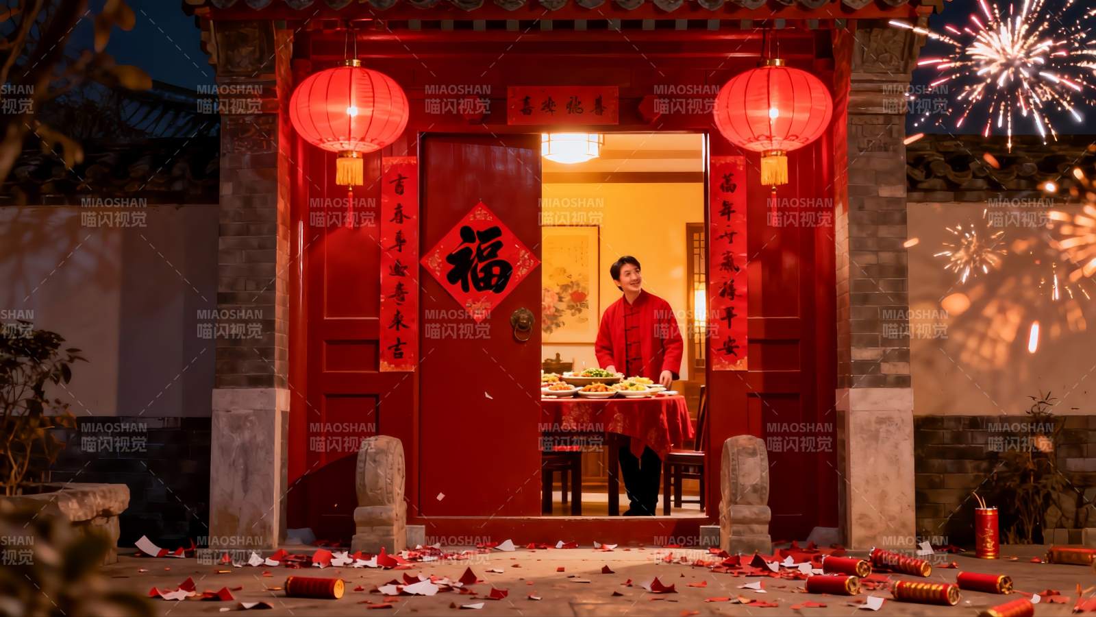 除夕夜庭院灯火通明家人团聚图片