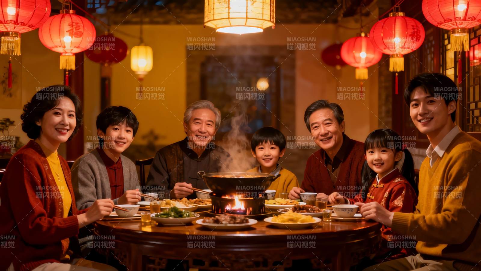 家庭围坐火锅聚餐其乐融融图片