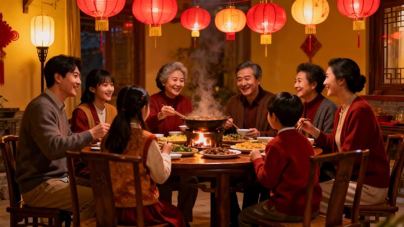 家庭围坐火锅团圆饭图片