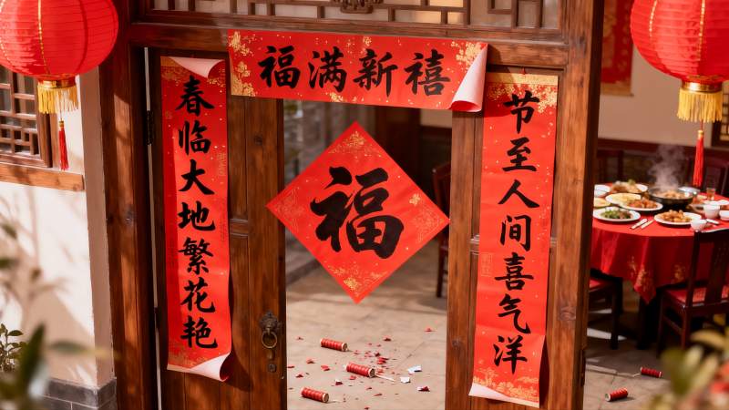 春节装饰的门廊与餐桌图片
