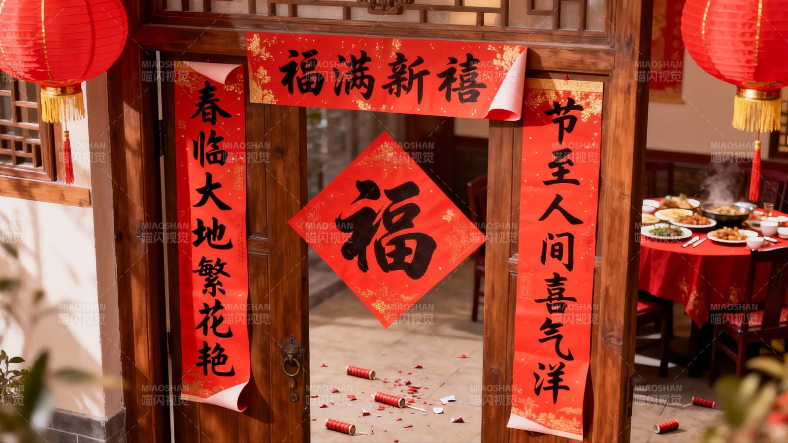 春节装饰的门廊与餐桌图片
