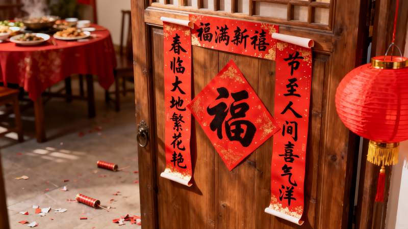 春节装饰木门与餐桌场景图片