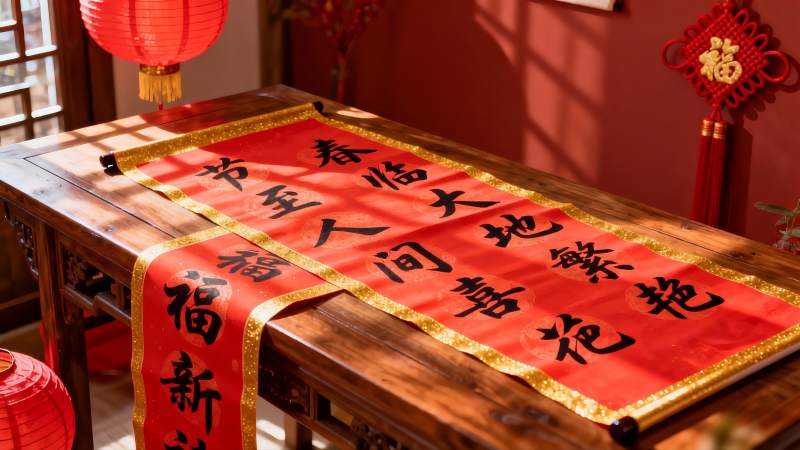 春节装饰红毯木桌场景图片
