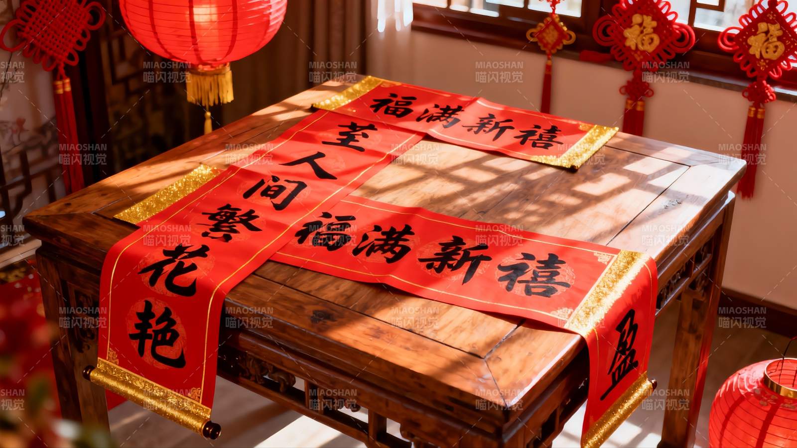 春节室内装饰红灯笼对联图片