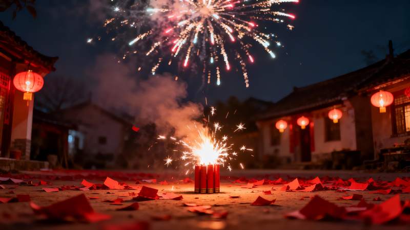 夜空烟花绽放庭院红灯笼图片
