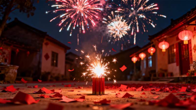 夜空烟花绽放庭院红纸散落图片