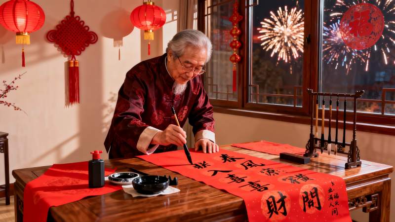 老人春节书写春联庆祝佳节图片
