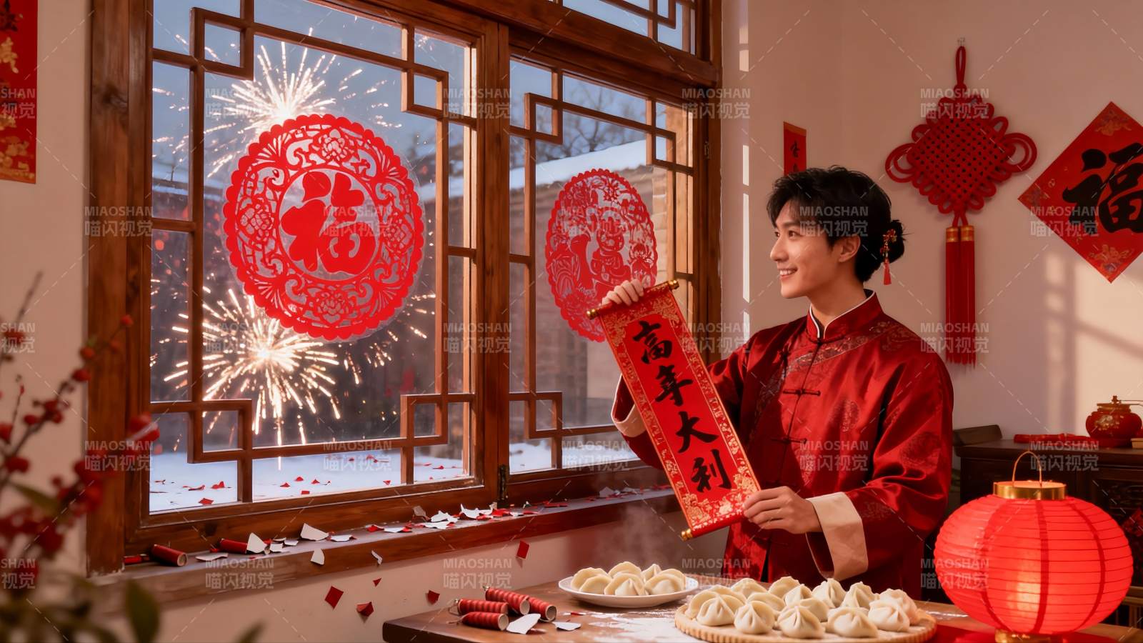 新年室内庆典男子手持春联图片