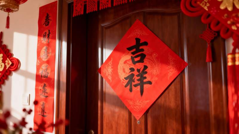 春节门上贴福字挂灯笼图片