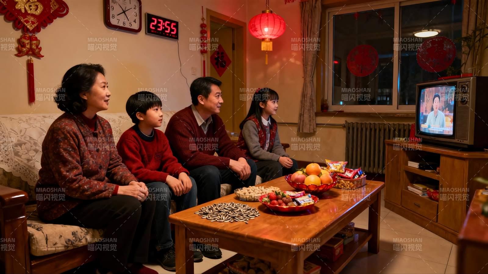 四口之家客厅看电视温馨场景图片